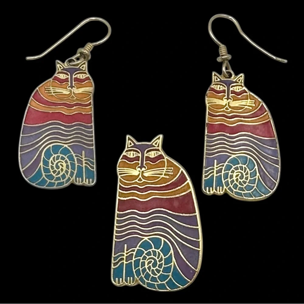 Laurel Burch Vintage Rainbow Cats Earring & Brooch Lapel Pin Set - Picture 1 of 6